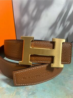 Good Hermes Brown Togo Leather Belt with Gold H Buckle